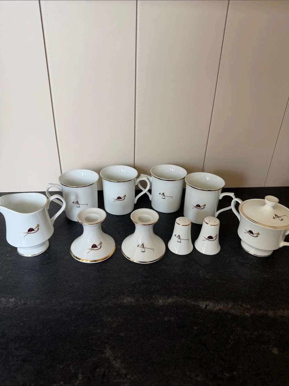 Classic White Porcelain Tea Set with Gold Trim, Equestrian motif.